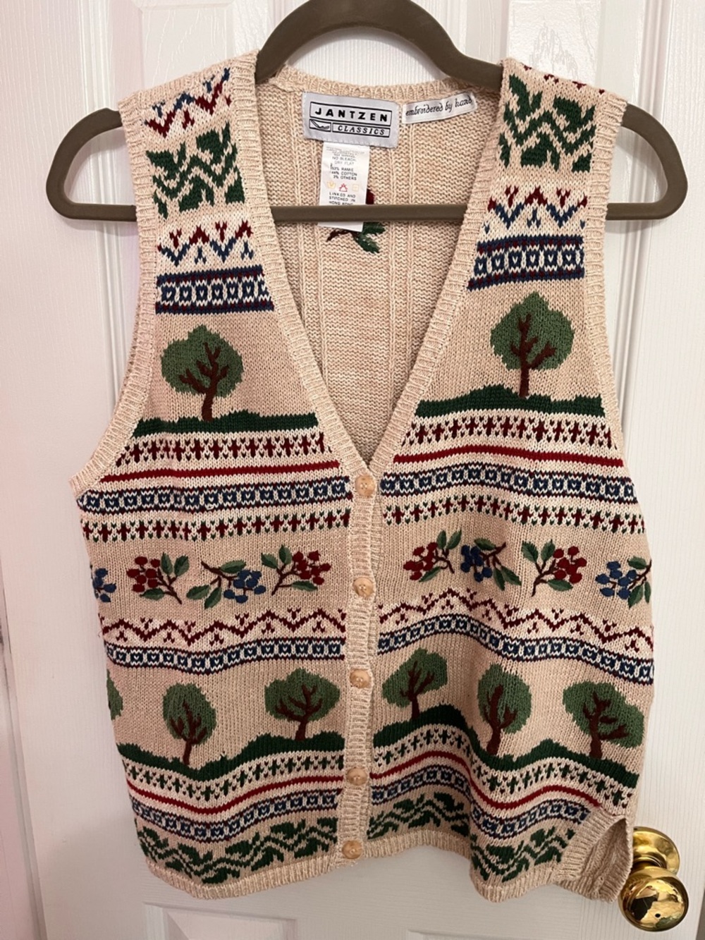 Vintage Jantzen Cream Knit Button-Front Vest with Green Tree & Multicolor Motifs - Picture 1 of 6